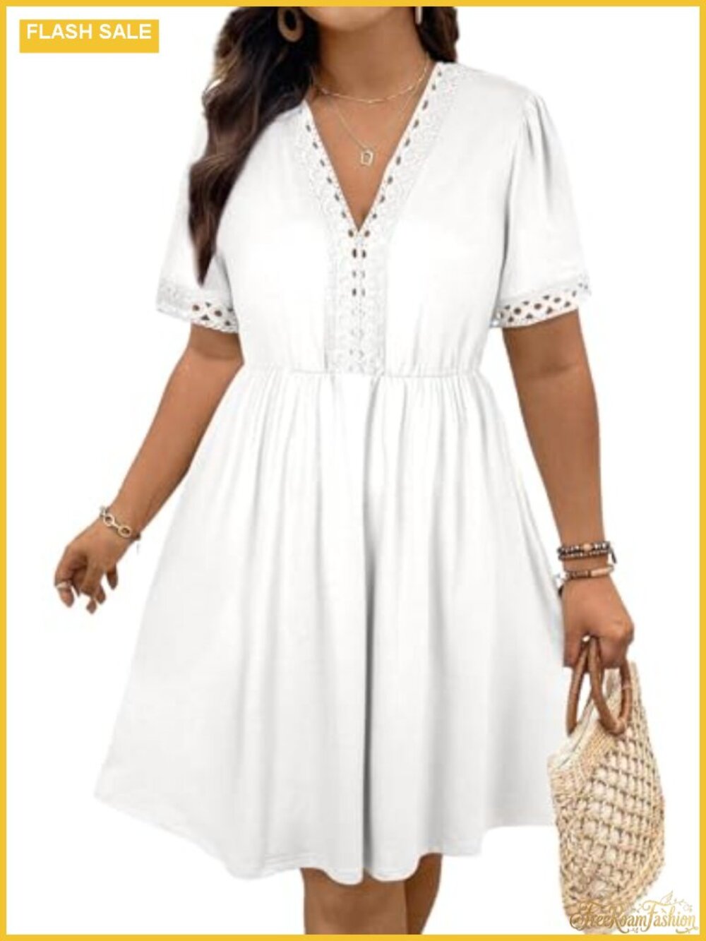 V Neck Lace Hollow Out A Line Mini Dress Size 1X-5X